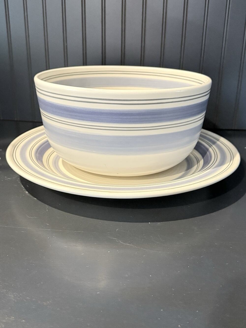 Pfaltzgraff RIO Ivory Blue Stripe Stoneware Platter & Salad Serving Bowl RARE